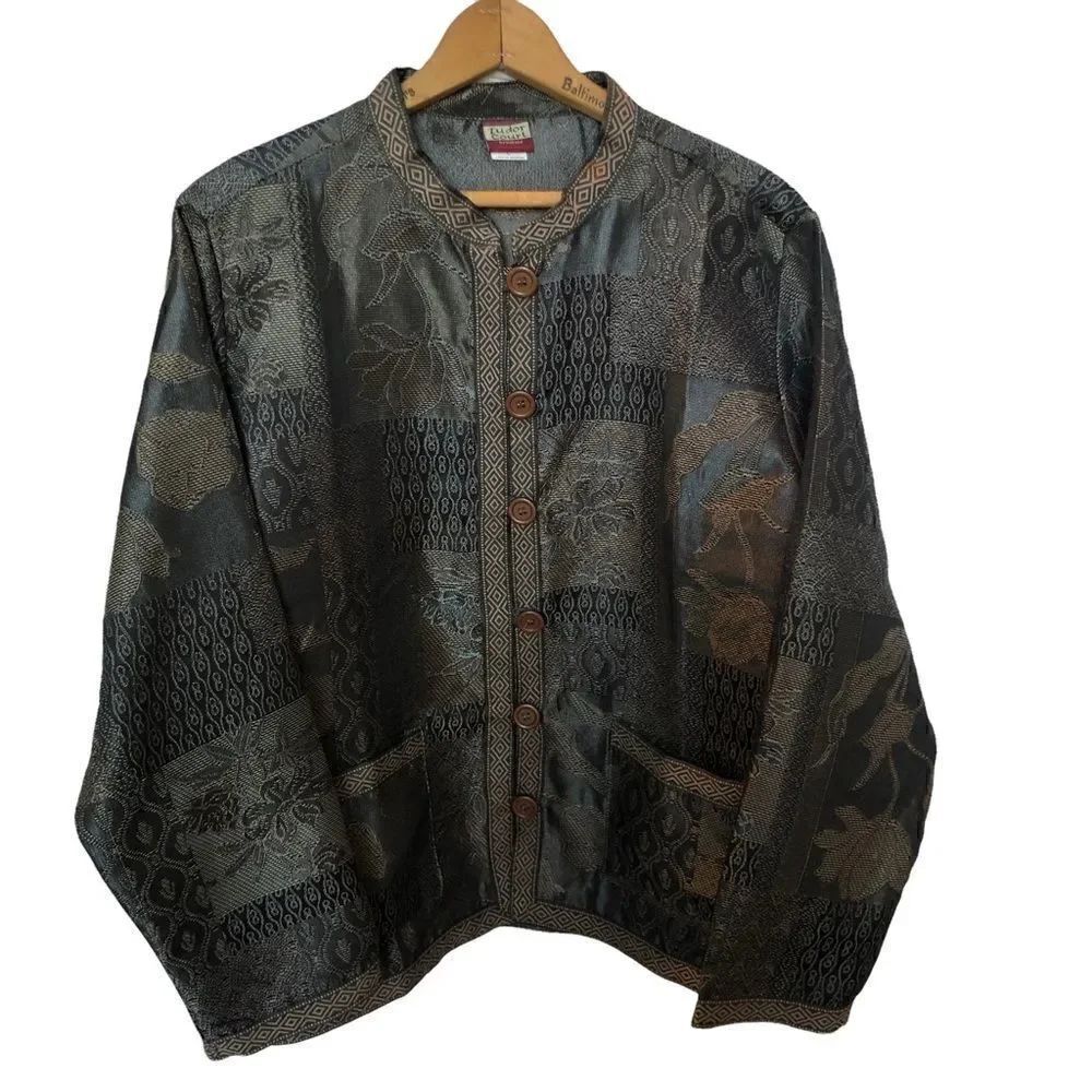 Haband Tudor court Tapestry jacket mandarin collar brown metallic print Large
